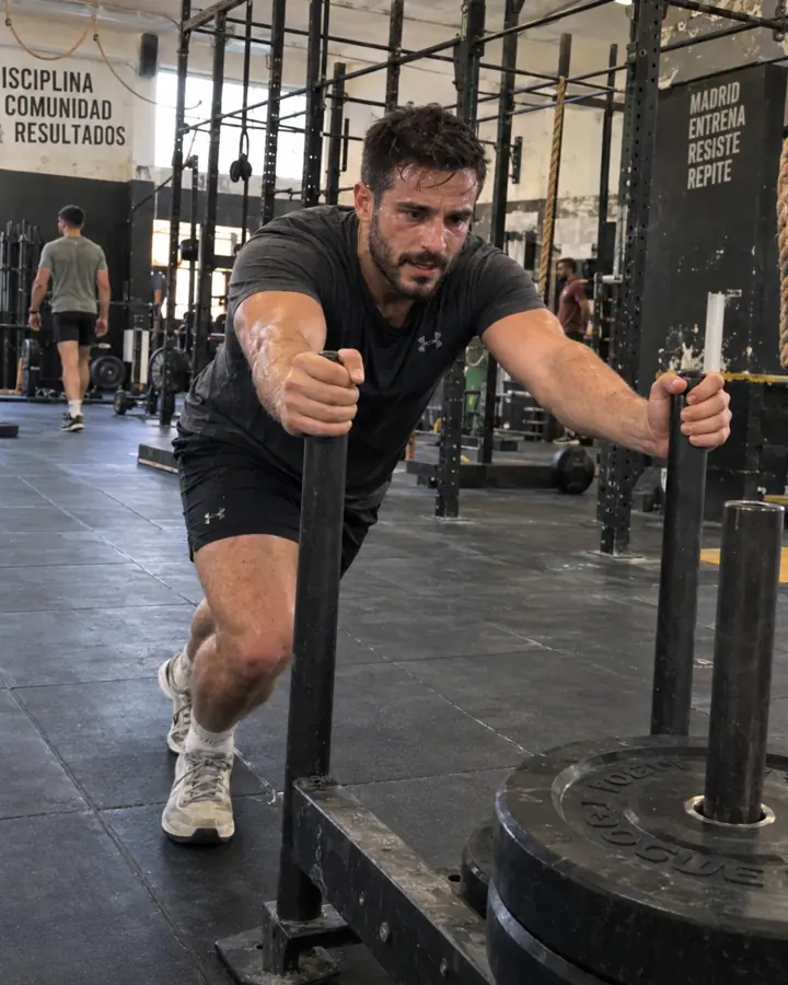 Chico empujando un trineo en un box de entrenamiento funcional.